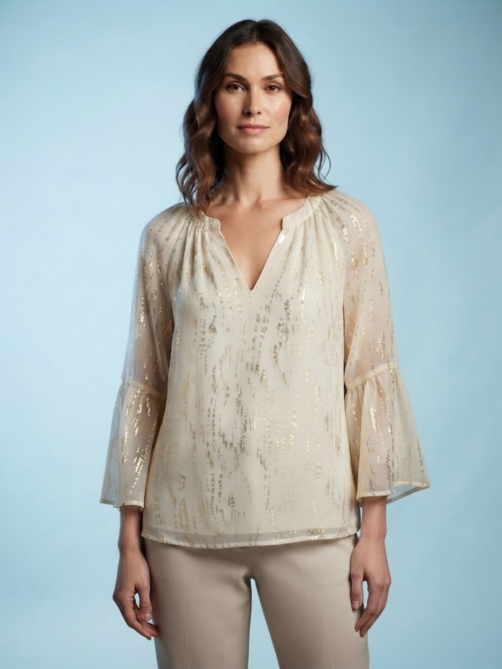 Lilly Pulitzer Cream Metallic V-Neck Peasant Blouse